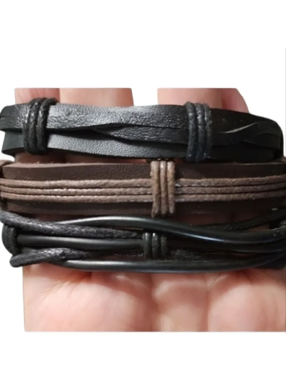 Men's Adjustable Black and Brown Leather Braided Bracelets- Set of 3